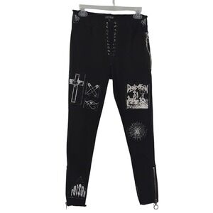 Current Mood Dolls Kill Grunge Punk Patch Lace Up Black Skinny Stretch Jeans L